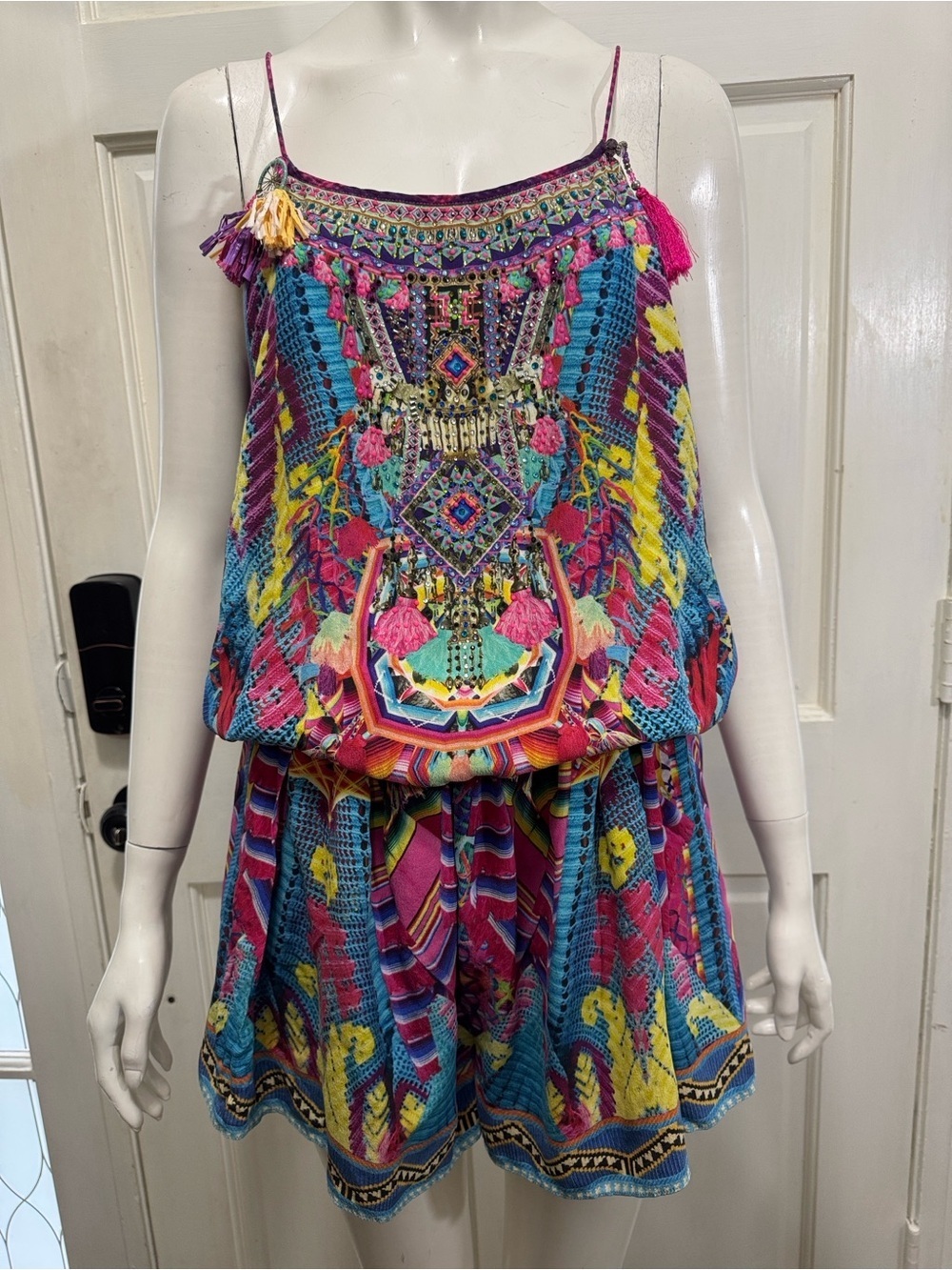 Camilla Pastel Floral Ikat Embroidered Top in Pink, Blue, Purple Size Medium - Picture 3 of 16